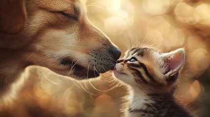 Obraz premium Dog and kitten nose to nose, sunset bokeh.