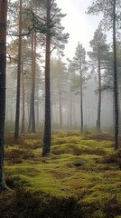 Naklejka premium Mystical Forest with Fog and Moss Covering Ground in Morning Light