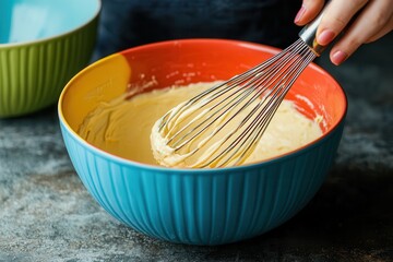 Food bloggers share cooking tutorials. Mixing batter in a colorful bowl with a whisk.