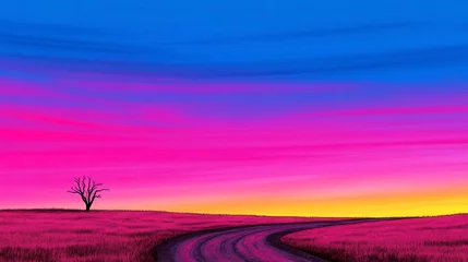 Fotobehang A vibrant sunset landscape showcasing an empty country road winding through vivid pink and blue skies © Gefo