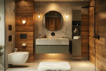 Modern bathroom with wood and stone accents.  Elegant design features a floating vanity, round mirror, and a sleek shower.