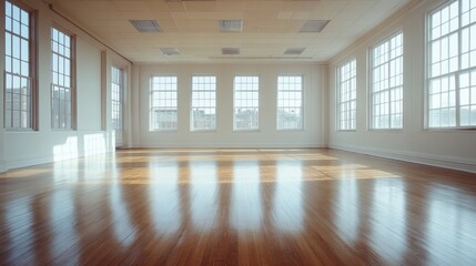 Obraz premium Large, empty office with a simple layout, bright lighting, and polished wood floors 