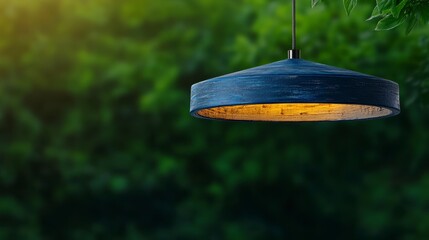 Elegant blue hanging pendant light illuminating a calming green outdoor backdrop with soft bokeh effects