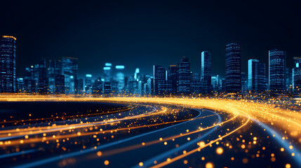 Fototapeta premium Vibrant city skyline at night with flowing lights and a futuristic ambiance