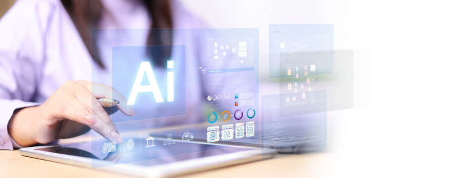 AI Artificial Intelligence. Businessman using AI technology for data analysis, coding computer language with digital brain, Programming Web Development Coding Concept. - Powered by Adobe