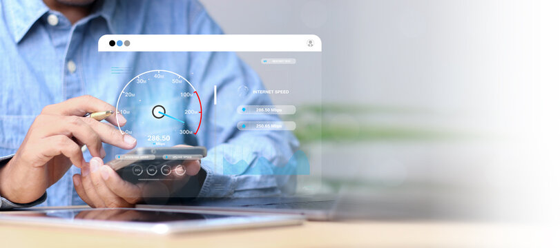 Fast internet connection with Metaverse technology concept, Programmer people working laptop with Virtual screen of Internet speed measurement, Internet and technology concept, 6G High-speed internet