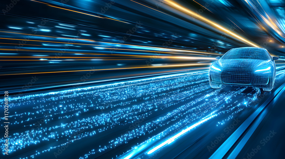 Aufkleber Dynamic car speeding through vibrant light trails in a futuristic setting