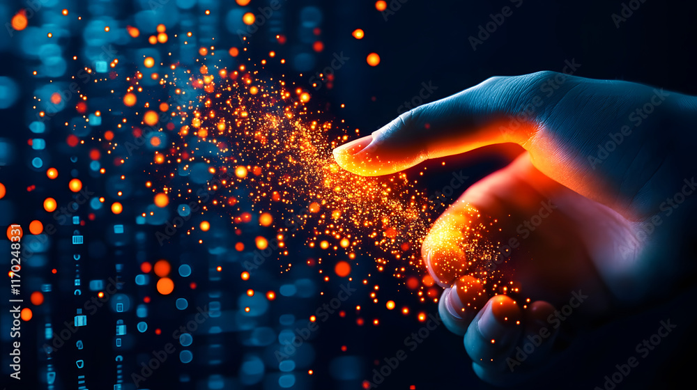 Poster illuminated hand touching particles in a dark, digital environment