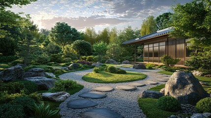 Obraz premium Serene Japanese Garden with Stone Path and Lush Greenery