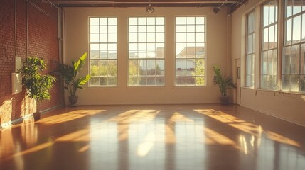 Obraz premium Modern, empty workspace with large windows, soft lighting, and polished floors