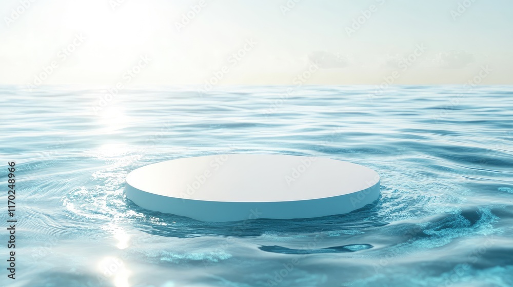Poster empty white circle podium placed on transparent clear calm blue water with splashes and waves in sun