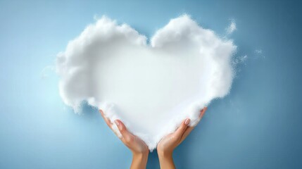 Hands holding cloud heart shape on blue background