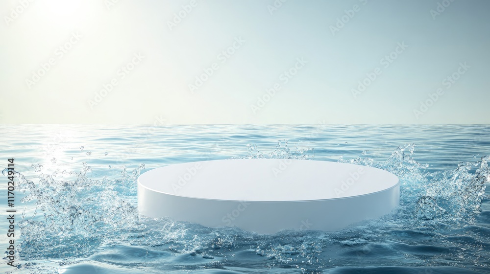 Poster empty white circle podium placed on transparent clear calm blue water with splashes and waves in sun