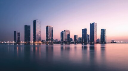Obraz premium Serene Urban Skyline at Dusk Reflecting in Calm Water Surface