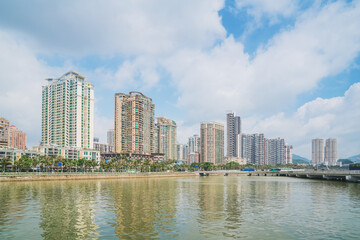 Fototapeta premium Modern urban architecture skyline and coastal scenery in Zhuhai, Guangdong Province, China on April 9, 2023