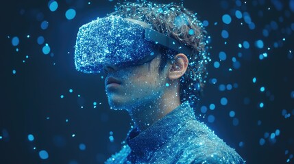Young man immersed in virtual reality, particles surrounding him.