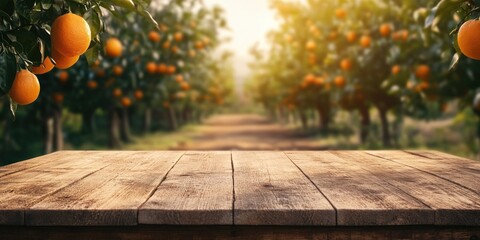 Bench in the middle of an orange orchard with ripe fruit and wooden fences