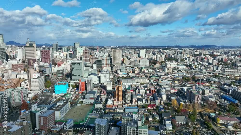 Poster 都市、社会、空撮、ドローン、市街地、ビル群、経済、企業、行政、青空、コピースペース、昼間、晴れ、明るい、公共、地方、自治体、地域、ビジネス、産業、インフラ、俯瞰、ハイアングル、展望、パノラマ、地平線、風景、景色、景観、上から見た、見下ろす、現代、都会、建設、建築、ビル、不動産、高層ビル、摩天楼、日本、町並み、街、観光、旅行、住宅、暮らし、道路、交通、60p、将来