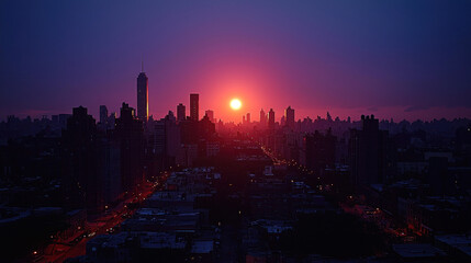 Obraz premium Vibrant sunset over a silhouetted cityscape.