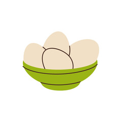 Raw eggs in bowl. Organic farm chicken eggs. Vector illustration.