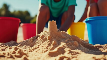 Children play on the beach building a sandcastle with vibrant buckets in the background full of sand and creativity