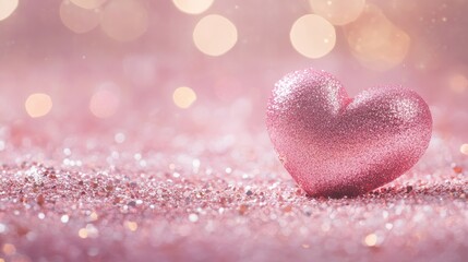 Obraz premium Glittery pink background with a cute 3D heart, golden bokeh lights, and silver confetti. Perfect for romantic Valentine Day flyer designs, love banners, and festive celebrations with copy space.