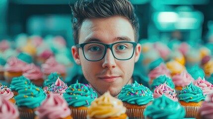 Food bloggers share cooking tutorials. A young man surrounded by colorful cupcakes with frosting.