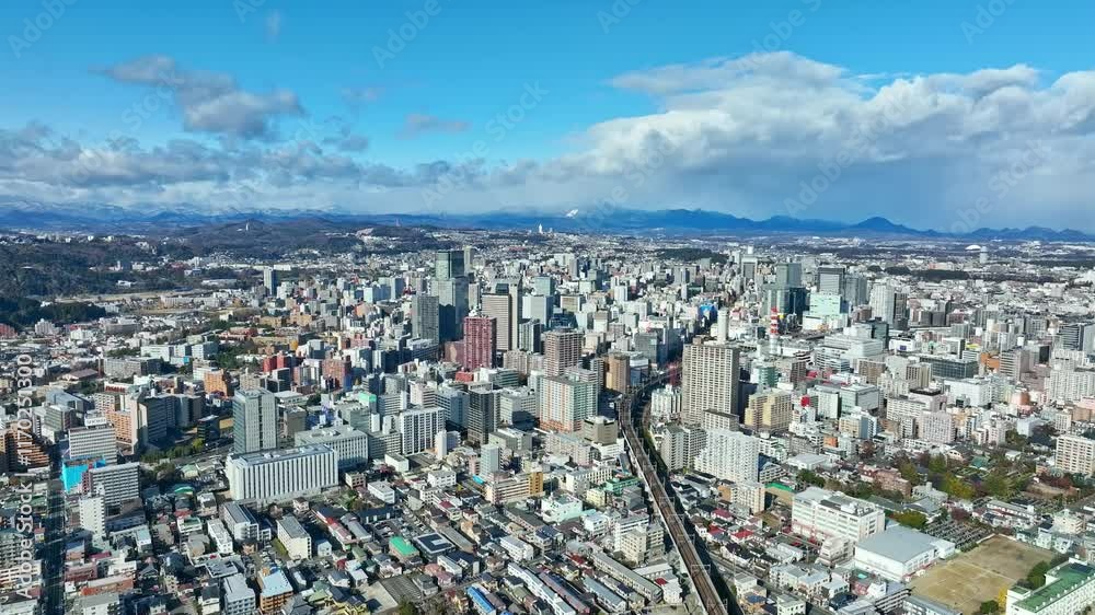 Poster 都市、社会、ドローン、空撮、青空、地平線、道路、交通、産業、ビジネス、インフラ、俯瞰、ハイアングル、展望、パノラマ、風景、景色、景観、上から見た、見下ろす、現代、都会、建設、建築、ビル、ビル群、不動産、高層ビル、摩天楼、日本、町並み、街、観光、旅行、コピースペース、昼間、晴れ、明るい、行政、公共、地方、自治体、地域、広角、自然、変化、環境、未来、60p、テクノロジー