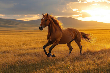 Chestnut horse galloping in golden field at sunset.