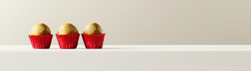 Valentine Elements with Chocolate and Joyful Happiness, Three golden cupcakes in red wrappers displayed on a simple white surface.