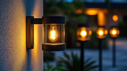 Illuminated outdoor wall lamp with warm ambiance.