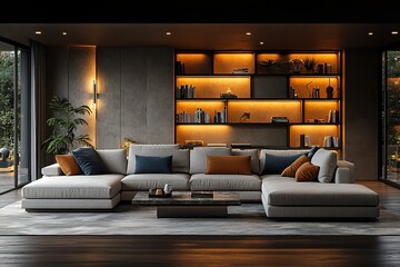 Modern living room with sectional sofa and illuminated shelving unit.  Warm lighting creates a cozy atmosphere.