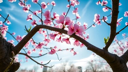 A majestic cherry blossom tree, its branches swaying gently in the soft breeze, spring flowers