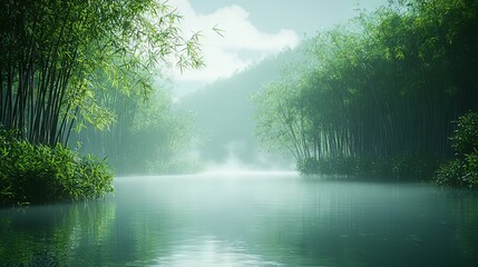 Obraz premium Serene Bamboo Forest by Calm Waterway at Dawn