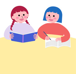 友達同士で勉強をする二人組の女の子のベクターイラスト