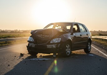 Fototapeta premium A powerful image of a car crash with a damaged vehicle in the foreground, illuminated by strong backlight and intense sunlight