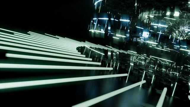 A geometric luminous sphere surrounded by platforms and lights in an abstract technological environment. Video loop seamless synchronized at 120 bmp