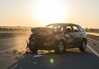 Obraz premium A powerful image of a car crash with a damaged vehicle in the foreground, illuminated by strong backlight and intense sunlight