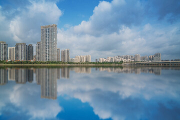 Obraz premium Modern urban architecture skyline and coastal scenery in Zhuhai, Guangdong Province, China on April 9, 2023