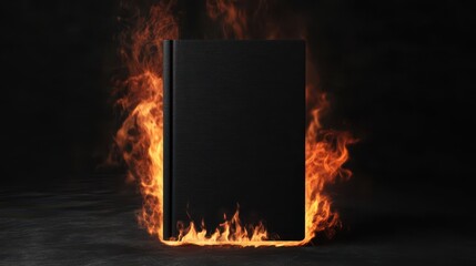 A blank black book cover stands upright mockup on fire in the black background