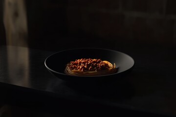 Delicious spaghetti bolognese in a black bowl.