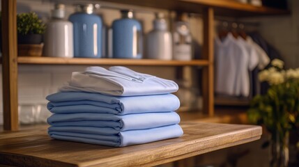 Neatly Stacked Light Blue Towels in a Cozy Setting