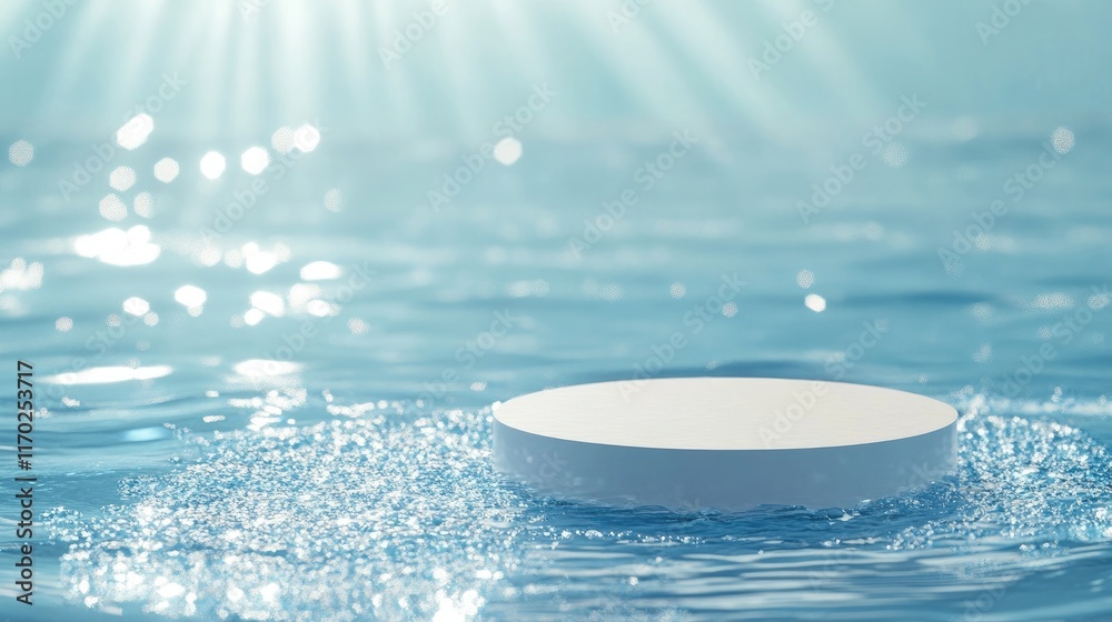 Aufkleber minimalist scene with an empty white circle podium on tranquil blue water with gentle splashes and s