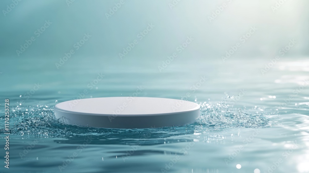 Poster Minimalist scene with an empty white circle podium on tranquil blue water with gentle splashes and sunlight reflecting on the surface. Ideal for nature-inspired product presentations and mockups.