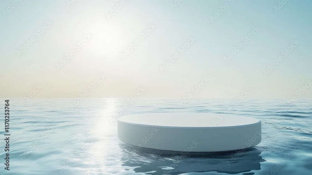 Poster Minimalist scene with an empty white circle podium on tranquil blue water with gentle splashes and sunlight reflecting on the surface. Ideal for nature-inspired product presentations and mockups.