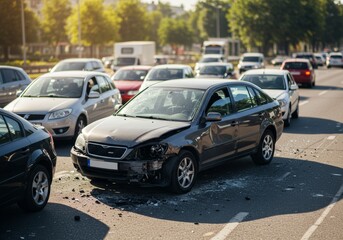 Naklejka premium A powerful image of a car crash with a damaged vehicle in the foreground, illuminated by strong backlight and intense sunlight