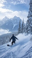 Snowboarder Gliding Down Snowy Mountain Slope in Winter Landscape