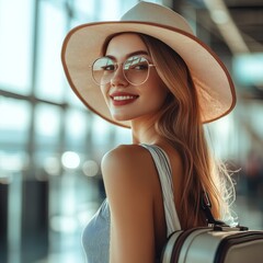 Fototapeta premium Young beautiful woman at the airport with a suitcase 1