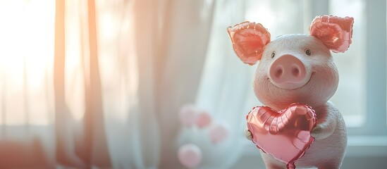 Obraz premium The pink piggy toy, adorned with flowers, makes a sweet and loving Easter gift for a child celebrating their birthday. Piggy Holding a Pink Balloon. Valentine's card