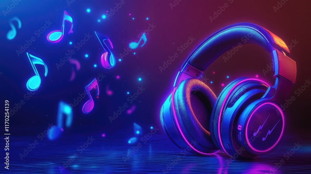 Poster neon headphones glowing in a digital setting with colorful music notes floating around. perfect for 